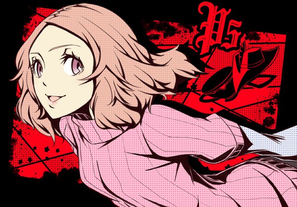 Anime picture 1200x840 with persona 5 persona okumura haru motoki rinn single short hair open mouth smile looking away pink hair upper body pink eyes lipstick black background red background girl hat sweater cup teacup