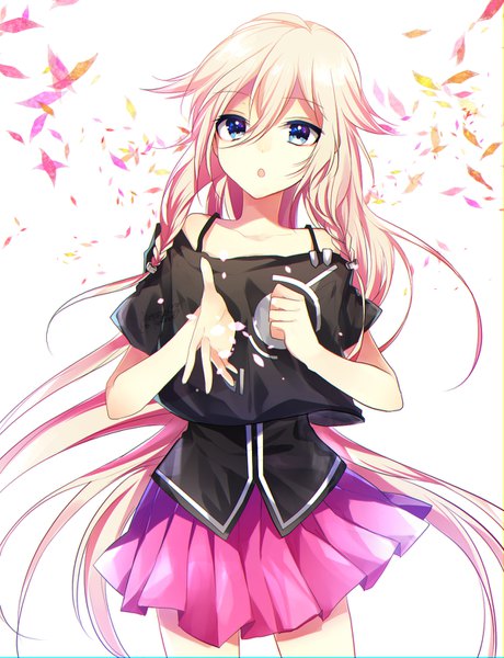 Anime picture 1200x1563 with vocaloid ia (vocaloid) kaname monika single tall image looking at viewer fringe open mouth blue eyes blonde hair hair between eyes white background bare shoulders braid (braids) very long hair pleated skirt twin braids girl skirt pink skirt