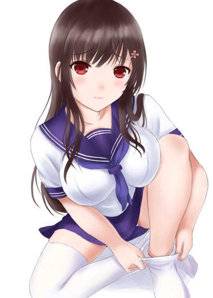 Anime picture 1075x1508 with original harami single long hair tall image looking at viewer blush breasts light erotic black hair simple background red eyes white background girl thighhighs skirt uniform white thighhighs serafuku