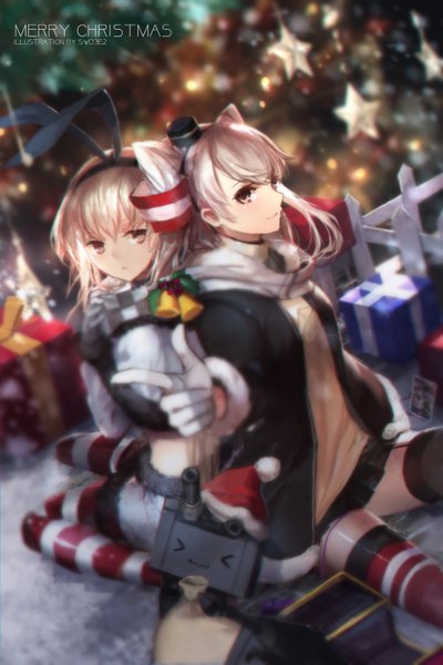 Anime picture 1134x1701 with kantai collection shimakaze destroyer amatsukaze destroyer swd3e2 long hair tall image looking at viewer blonde hair multiple girls brown eyes yellow eyes white hair two side up christmas merry christmas girl thighhighs skirt gloves bow