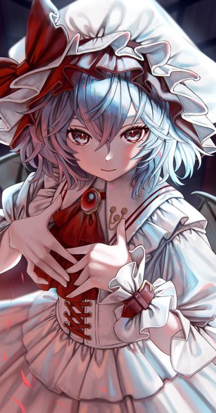 Anime picture 1947x3718 with touhou remilia scarlet torinari (dtvisu) single tall image looking at viewer fringe highres short hair blue eyes hair between eyes blue hair from above hand on chest girl hat frills bonnet corset ascot