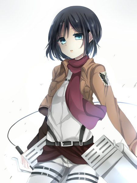 Anime picture 1702x2270 with shingeki no kyojin production i.g mikasa ackerman kenpin single tall image looking at viewer highres short hair blue eyes black hair simple background white background holding open clothes open jacket dual wielding girl weapon sword