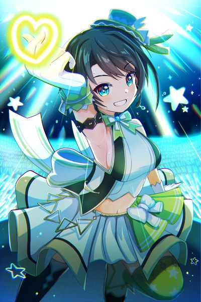 Anime picture 2048x3072 with virtual youtuber hololive oozora subaru banana de ikopon single tall image highres short hair blue eyes black hair smile midriff grin official alternate costume finger heart hololive idol uniform girl gloves hat white gloves