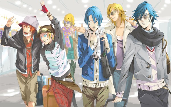 Anime picture 1500x947 with uta no prince-sama a-1 pictures jinguji ren hijirikawa masato ichinose tokiya ittoki otoya kurusu shou shinomiya natsuki mirin short hair blue eyes blonde hair smile blue hair looking away red hair eyes closed arm up light smile open clothes