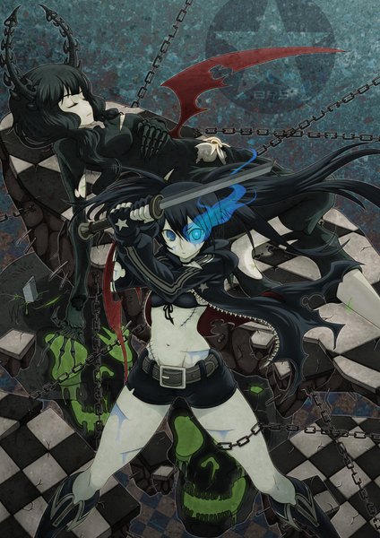 Anime picture 2480x3508 with black rock shooter black rock shooter (character) dead master vinhnyu long hair tall image highres blue eyes black hair twintails multiple girls eyes closed horn (horns) midriff glowing scar glowing eye (eyes) checkered floor girl 2 girls