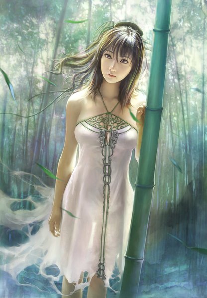 Anime picture 1200x1730 with original eat0123 single long hair tall image looking at viewer blush light erotic brown hair purple eyes bare shoulders wind lips realistic halterneck nature see-through silhouette bamboo forest girl dress