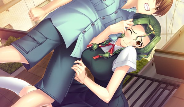 Anime picture 1024x600 with kimi ga ita kisetsu blush wide image brown eyes game cg braid (braids) green hair twin braids girl boy