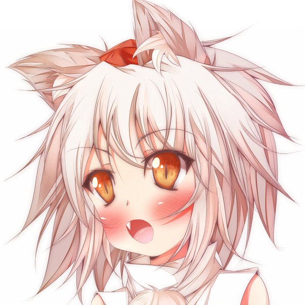 Anime picture 1500x1500 with touhou inubashiri momiji single long hair blush open mouth simple background red eyes white background animal ears white hair teeth fang (fangs) face girl