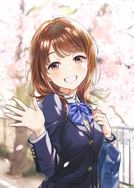 Anime picture 1036x1450 with original morikura en single long hair tall image looking at viewer blush fringe smile brown hair brown eyes signed upper body outdoors sunlight depth of field grin cherry blossoms spring waving