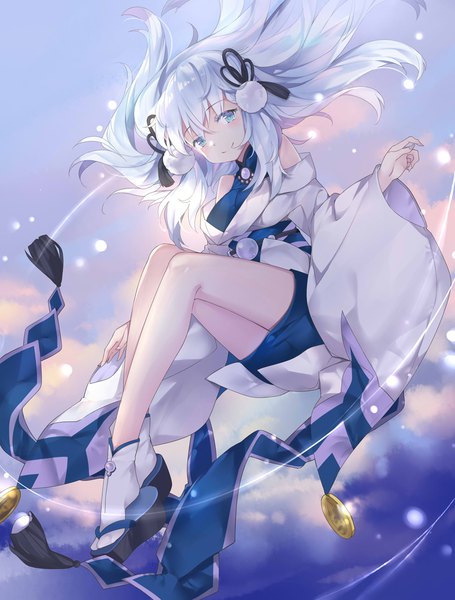 Anime picture 831x1096 with original kikistark single long hair tall image looking at viewer blush fringe breasts blue eyes smile hair between eyes bare shoulders sky silver hair cloud (clouds) full body outdoors long sleeves traditional clothes