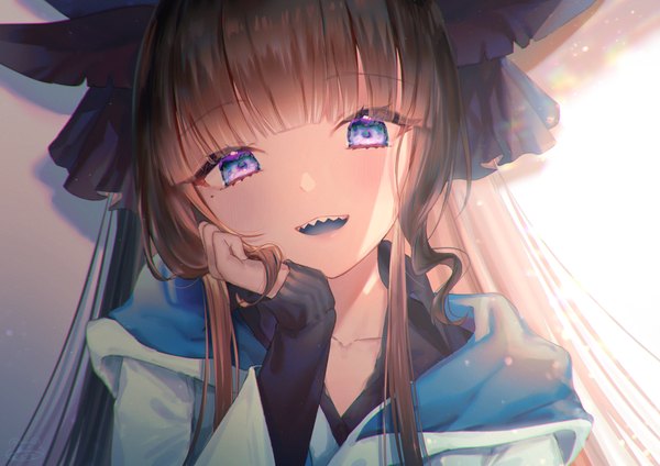 Anime picture 4093x2894 with virtual youtuber atelier live artemis of the blue modoki kuma single long hair looking at viewer blush fringe highres open mouth blue eyes simple background smile brown hair absurdres upper body blunt bangs head tilt :d