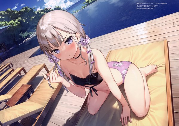 Anime picture 8490x5985 with original ichika (kantoku) kantoku single long hair looking at viewer blush fringe highres light erotic sitting purple eyes twintails signed absurdres sky cloud (clouds) full body bent knee (knees) outdoors