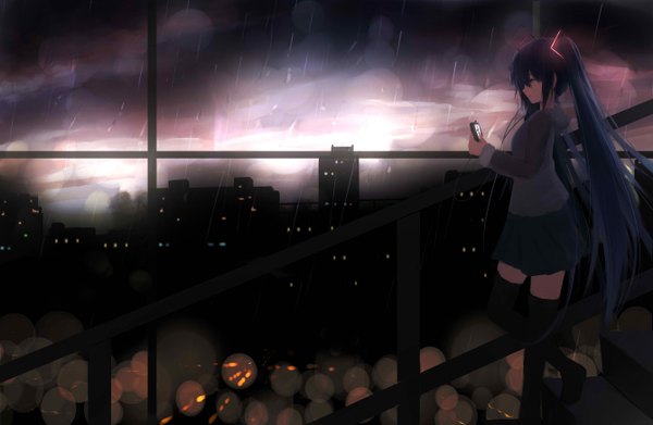 Anime picture 2680x1748 with vocaloid hatsune miku shimmer single long hair fringe highres twintails holding blue hair sky bent knee (knees) profile zettai ryouiki glowing rain girl thighhighs black thighhighs headphones