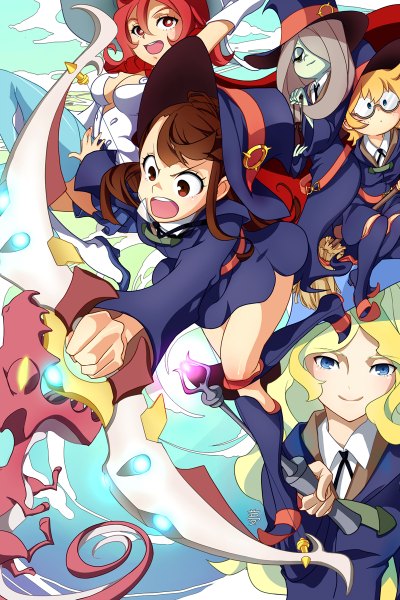 Anime picture 800x1200 with little witch academia studio trigger kagari atsuko diana cavendish sucy manbavaran yansson lotte chariot shiny lucidsky long hair tall image looking at viewer fringe short hair breasts open mouth blue eyes blonde hair smile brown hair multiple girls
