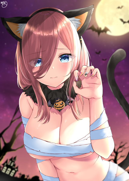 Anime picture 1000x1398 with go-toubun no hanayome nakano miku akino ell single long hair tall image looking at viewer blush fringe breasts blue eyes light erotic brown hair large breasts standing signed animal ears upper body tail nail polish