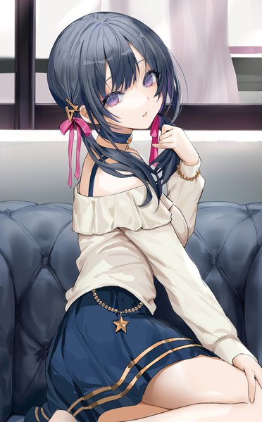 Anime picture 1087x1754 with original lloule single long hair tall image looking at viewer fringe open mouth black hair sitting purple eyes twintails payot indoors long sleeves head tilt off shoulder low twintails holding hair girl