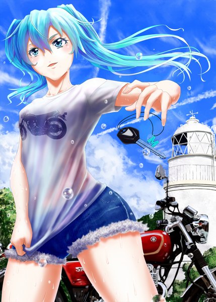 Anime picture 1295x1812 with vocaloid hatsune miku chome (honeychurros) ota (wtno) single long hair tall image blush open mouth blue eyes twintails sky cloud (clouds) aqua hair girl shorts t-shirt key motorcycle
