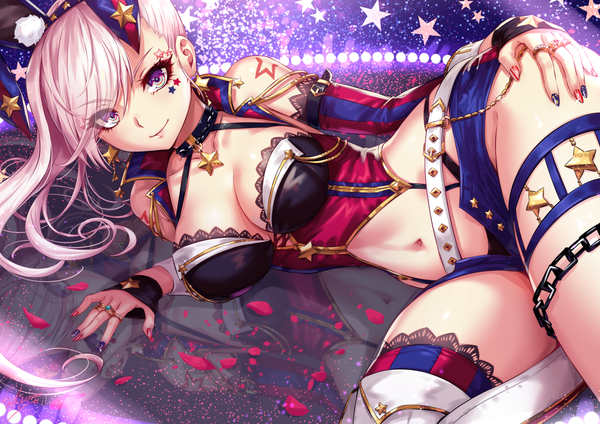 Anime picture 1414x1000 with fate (series) fate/grand order miyamoto musashi (fate) sakiyamama single long hair looking at viewer fringe breasts light erotic smile large breasts purple eyes bare shoulders signed animal ears pink hair cleavage bent knee (knees) lying
