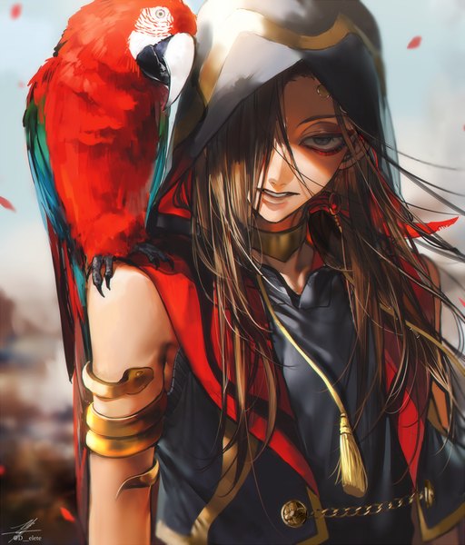 Anime picture 1200x1407 with twisted wonderland jamil viper au (d elite) single long hair tall image looking at viewer fringe black hair signed upper body parted lips hair over one eye grey eyes sleeveless twitter username shaded face eyeshadow animal on shoulder bird on shoulder