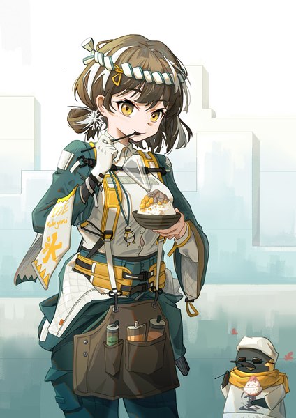 Anime picture 2480x3508 with arknights magallan (arknights) the emperor (arknights) magallan (shaved-ice memories) (arknights) mrdaji tall image fringe highres short hair smile hair between eyes brown hair standing yellow eyes multicolored hair streaked hair official alternate costume eating girl gloves