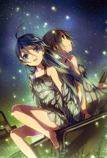Anime picture 3797x5584 with megami magazine girl's avenue bunbun long hair tall image highres short hair blue eyes brown hair multiple girls blue hair absurdres ahoge barefoot night night sky holding hands back to back girl 2 girls