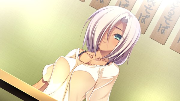 Anime picture 1024x576 with legend seven (game) long hair fringe smile wide image green eyes game cg white hair hair over one eye girl