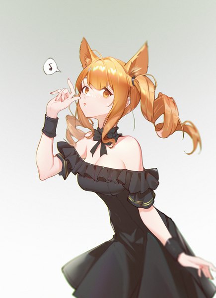Anime picture 2814x3883 with arknights ambience synesthesia angelina (arknights) alche (benruce) single long hair tall image highres simple background blonde hair twintails animal ears yellow eyes gradient background official alternate costume drill hair girl dress black dress wrist cuffs