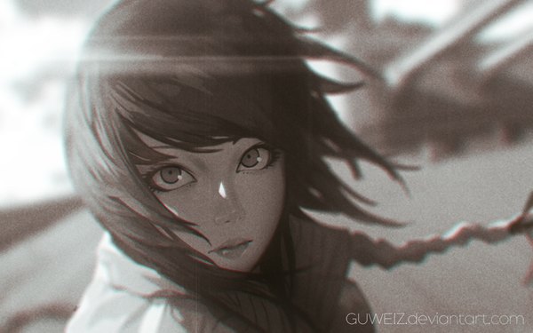 Anime picture 1920x1200 with guweiz single long hair looking at viewer fringe highres black hair signed braid (braids) wind lips shadow single braid monochrome ilya kuvshinov (style) girl