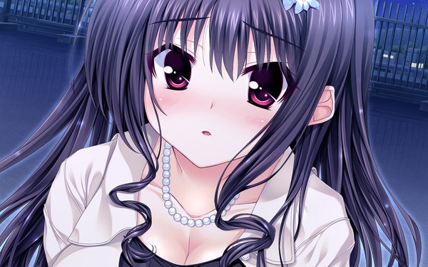 Anime picture 1054x659 with scramble lovers kiryuu sarasa tagme (artist) single long hair looking at viewer blush open mouth black hair purple eyes game cg cleavage night portrait girl dress hair ornament black dress pendant jewelry