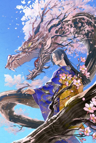 Anime-Bild 2067x3059 mit original micho (golduhr) single long hair tall image highres black hair payot sky traditional clothes japanese clothes profile from behind cherry blossoms outstretched arm new year fantasy girl plant (plants) tree (trees)