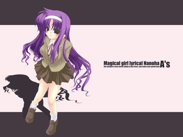 Anime picture 1600x1200 with mahou shoujo lyrical nanoha purple hair very long hair pleated skirt shadow girl uniform school uniform socks white socks headband
