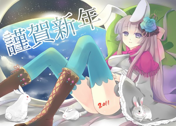 Anime picture 1500x1079 with ceru long hair purple eyes silver hair hair flower grey hair bunny ears girl thighhighs hair ornament animal boots bunny planet