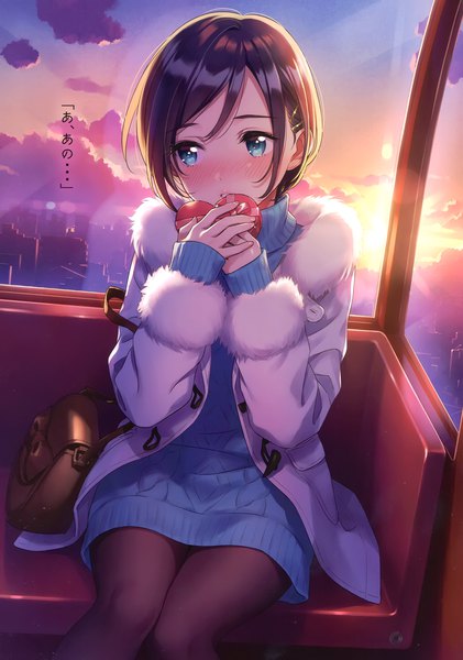 Anime picture 2411x3437 with original morikura en single tall image blush fringe highres short hair blue eyes brown hair sitting holding looking away sky cloud (clouds) long sleeves parted lips sunlight scan open clothes