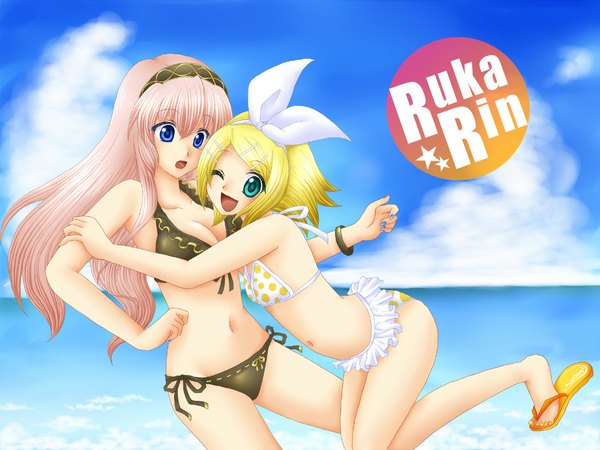 Anime picture 1146x860 with project diva vocaloid megurine luka kagamine rin long hair looking at viewer blush fringe short hair breasts open mouth blue eyes light erotic blonde hair smile multiple girls green eyes pink hair sky cloud (clouds)