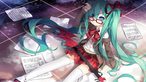 Anime picture 1422x800 with vocaloid hatsune miku saru (longbb) single looking at viewer fringe blue eyes wide image sitting twintails very long hair pleated skirt hair over one eye aqua hair plaid skirt demon wings bespectacled girl thighhighs skirt