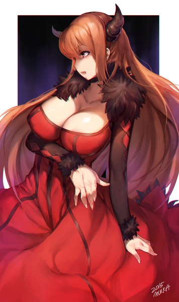 Anime picture 1188x1998 with maoyuu maou yuusha arms corporation maou (maoyuu) mukka single long hair tall image fringe breasts open mouth light erotic red eyes brown hair large breasts standing signed cleavage profile horn (horns) fingernails