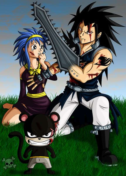 Anime picture 1024x1432 with fairy tail gajeel redfox levy mcgarden panther lily zombiegirl01 long hair tall image black hair red eyes brown eyes blue hair sky cloud (clouds) black eyes tattoo tears piercing magic scar muscle