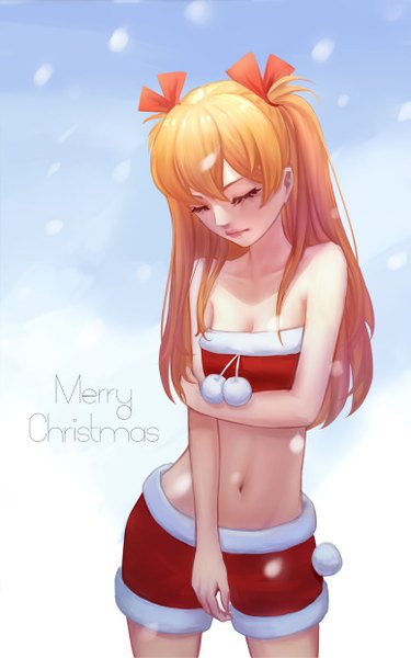 Anime picture 775x1238 with neon genesis evangelion gainax soryu asuka langley begreen single long hair tall image light erotic simple background standing bare shoulders eyes closed lips orange hair inscription bare belly midriff alternate costume snowing christmas