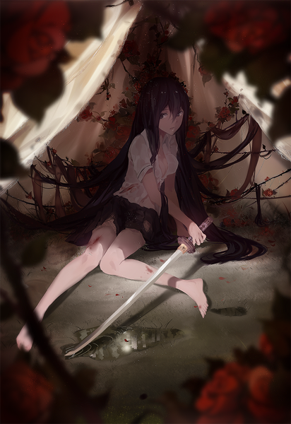 Anime picture 740x1076 with original pugeum single tall image black hair brown hair sitting looking away cleavage very long hair barefoot bare legs depth of field torn clothes scar partially open clothes girl skirt flower (flowers) weapon