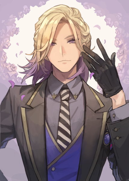Anime picture 713x1000 with twisted wonderland vil schoenheit chorefuji single tall image looking at viewer short hair blonde hair purple eyes upper body multicolored hair two-tone hair boy gloves flower (flowers) shirt petals black gloves necktie rose (roses)
