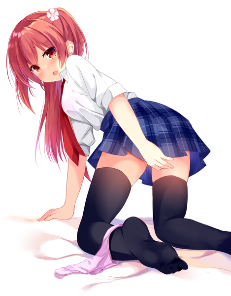 Anime picture 2590x3307 with original kujou danbo single long hair tall image looking at viewer blush highres open mouth light erotic red eyes white background red hair looking back two side up plaid skirt on all fours panties around one leg girl thighhighs