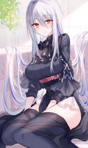 Anime picture 1000x1691 with original kinona (kino10) single long hair tall image looking at viewer blush fringe breasts light erotic hair between eyes large breasts sitting payot bent knee (knees) long sleeves multicolored hair grey hair sunlight two-tone hair