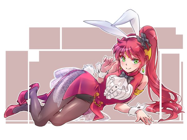 Anime picture 2000x1500 with rwby rooster teeth pyrrha nikos iesupa single long hair looking at viewer highres simple background smile green eyes animal ears ponytail red hair tail lying animal tail bunny ears sleeveless on side