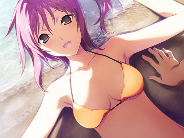 Anime picture 1024x768 with baldr (series) baldr sky baldr sky dive 2 giga nagisa chinatsu blush open mouth light erotic smile brown eyes pink hair game cg lying shadow beach girl swimsuit bikini water sea