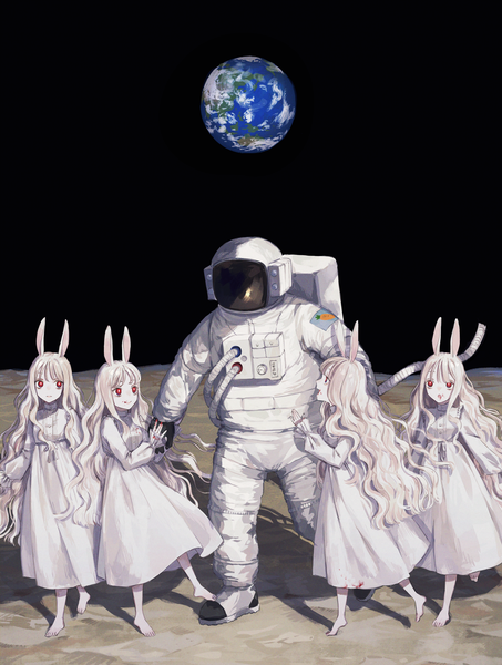 Anime picture 1679x2224 with original nashiko (nanaju ko) long hair tall image looking at viewer fringe open mouth red eyes multiple girls animal ears looking away silver hair full body outdoors blunt bangs long sleeves profile barefoot bunny ears sleeves past wrists