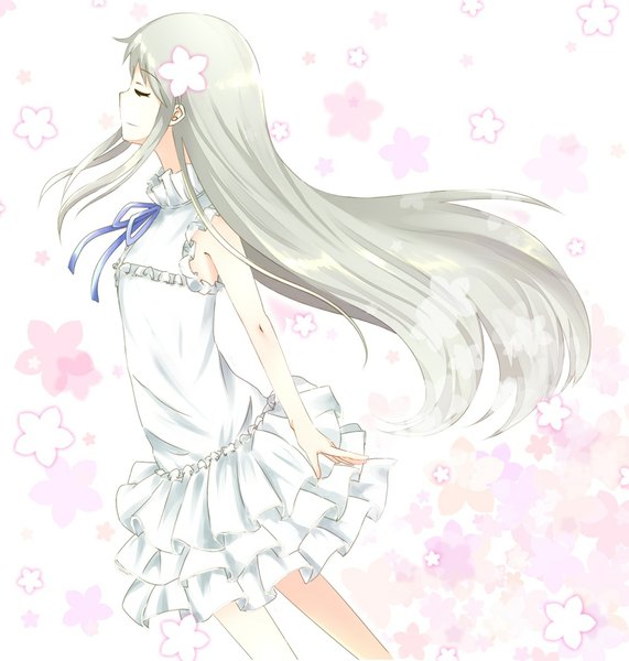 Anime-Bild 1000x1050 mit ano hi mita hana no namae wo bokutachi wa mada shiranai a-1 pictures honma meiko mirin (artist) single long hair tall image simple background bare shoulders white hair eyes closed profile hair flower light smile girl dress hair ornament flower (flowers) bow sundress