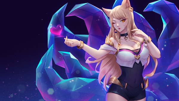 Anime picture 2304x1296 with league of legends k/da (league of legends) ahri (league of legends) k/da ahri kezi single long hair highres breasts blonde hair wide image animal ears cleavage tail animal tail orange eyes fox ears covered navel fox tail fox girl