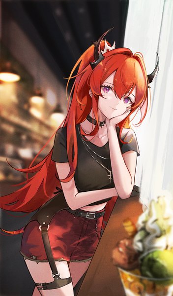 Anime picture 1045x1782 with arknights surtr (arknights) surtr (liberte echec) (arknights) ema (kuguiema) single long hair tall image looking at viewer fringe smile hair between eyes purple eyes ponytail red hair indoors horn (horns) blurry official alternate costume head rest girl