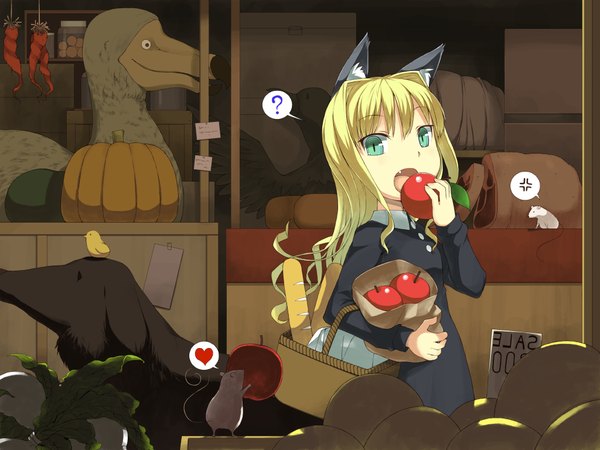 Anime picture 1024x768 with ikura hato single looking at viewer open mouth blonde hair holding green eyes animal ears wavy hair eating slit pupils ? anger vein price girl animal heart bird (birds) fruit speech bubble