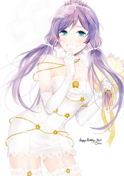 Anime picture 700x994 with love live! school idol project sunrise (studio) love live! toujou nozomi yoonmi single long hair tall image looking at viewer simple background smile white background twintails bare shoulders purple hair aqua eyes low twintails happy birthday 2015 girl